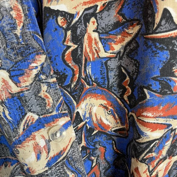 Vintage Hawaiian Shirt Giant Fish Men Scene Short Sleeve Unique Print Button-Up - Picture 10 of 12